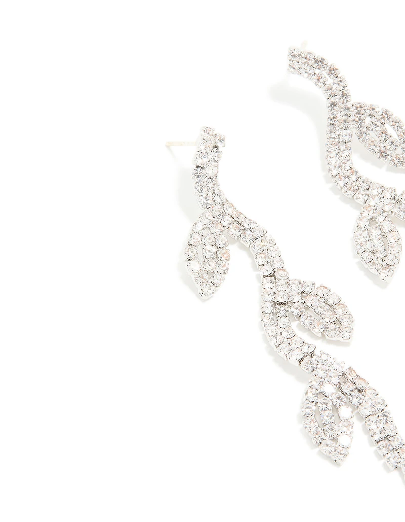 Silver Diamante Leaf Drop Earrings