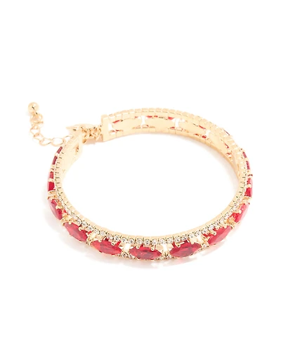 Gold Red & Clear Diamante Oval Bangle
