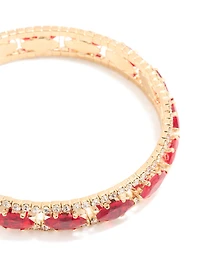 Gold Red & Clear Diamante Oval Bangle