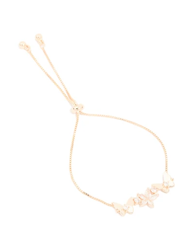 Bracelet à fermoir à bascule plaqué or rose avec zircon cubique, motif fleur et papillon