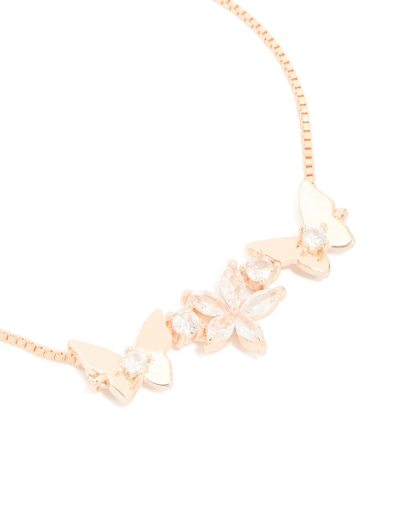 Bracelet à fermoir à bascule plaqué or rose avec zircon cubique, motif fleur et papillon