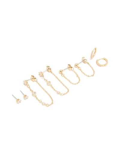 Gold Plated Cubic Zirconia Stud & Chain Earrings 4-Pack