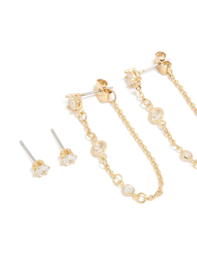 Gold Plated Cubic Zirconia Stud & Chain Earrings 4-Pack