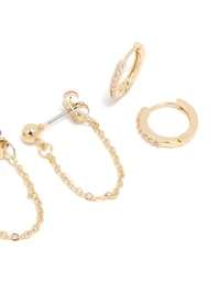 Gold Plated Cubic Zirconia Stud & Chain Earrings 4-Pack