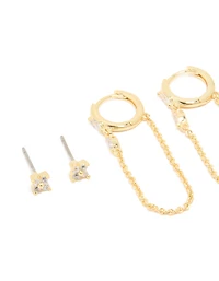 Gold Plated Cubic Zirconia Flower Studs & Huggie Earrings 4-Pack