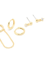 Gold Plated Cubic Zirconia Flower Studs & Huggie Earrings 4-Pack