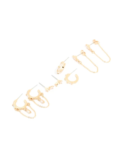 Gold Plated Cubic Zirconia Square Chain & Stud Earrings 4-Pack