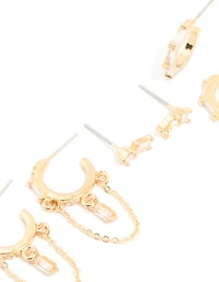 Gold Plated Cubic Zirconia Square Chain & Stud Earrings 4-Pack