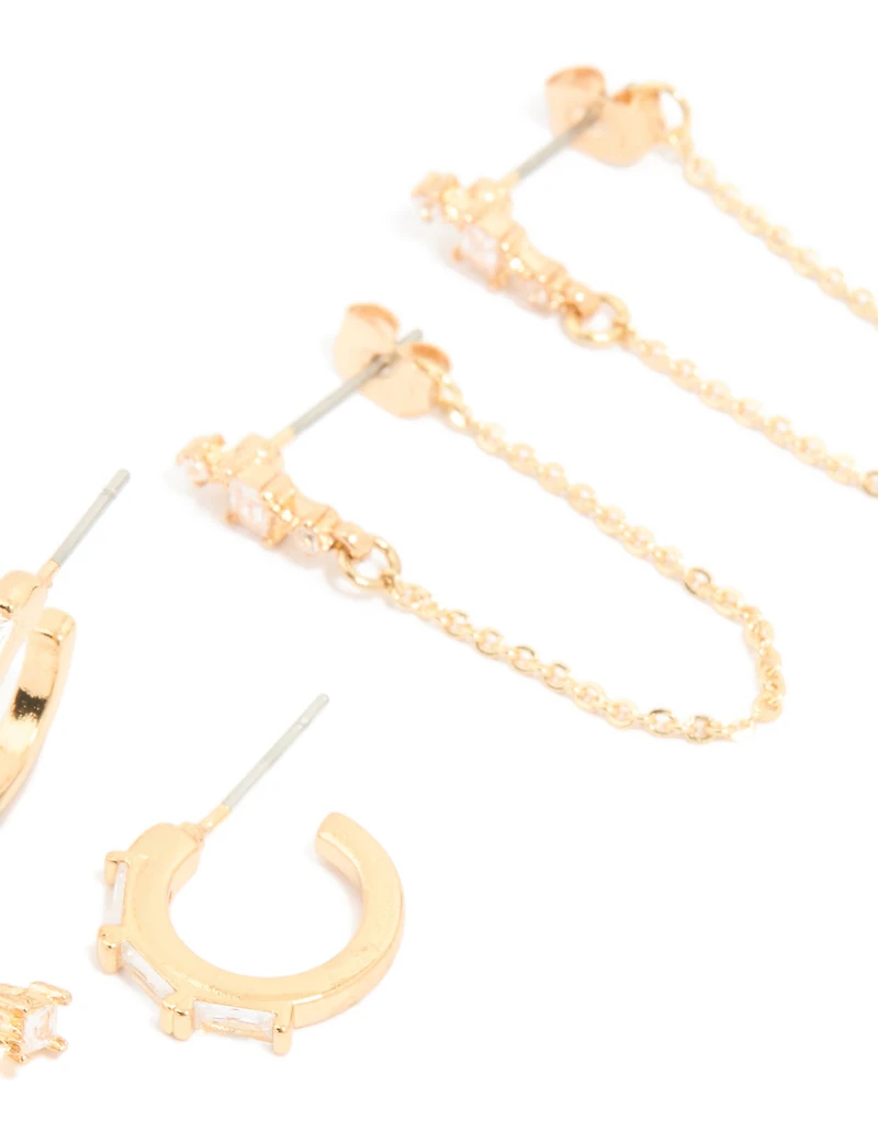 Gold Plated Cubic Zirconia Square Chain & Stud Earrings 4-Pack