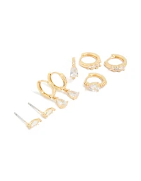 Gold Plated Cubic Zirconia Stud & Huggie Earrings 4-Pack