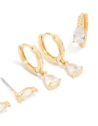 Gold Plated Cubic Zirconia Stud & Huggie Earrings 4-Pack