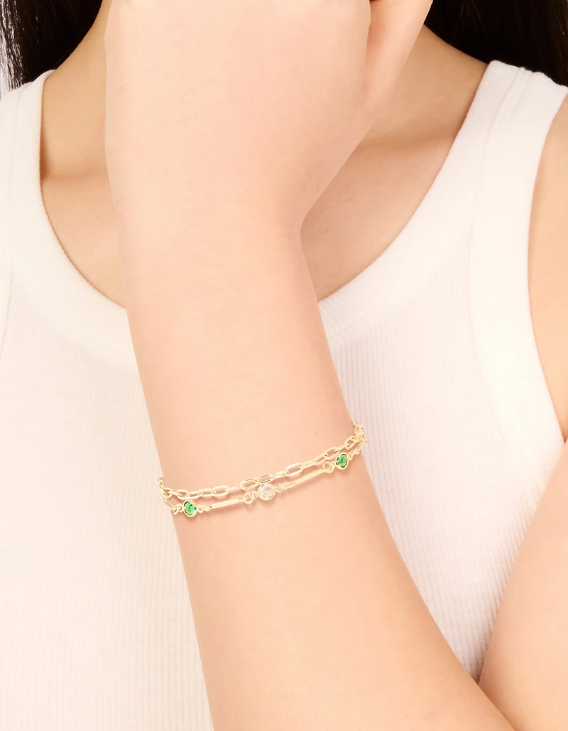 Gold Plated Emerald Cubic Zirconia Detail Layered Bracelet