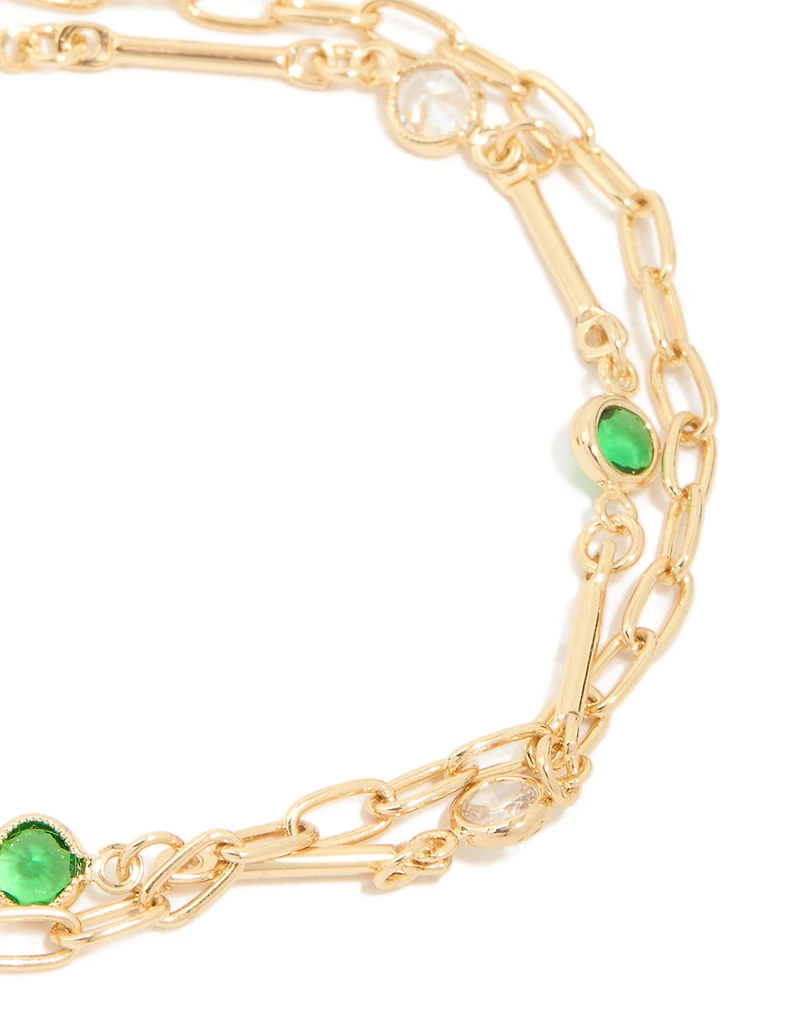 Bracelet en couches en zircone cubique en émeraude plaqué or