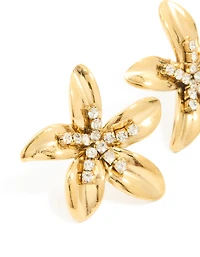 Waterproof Gold Plated Stainless Steel Cubic Zirconia Centre Flower Stud Earrings
