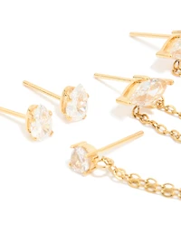 Waterproof Gold Plated Stainless Steel Cubic Zirconia Marquise Clicker & Studs 3-Pack