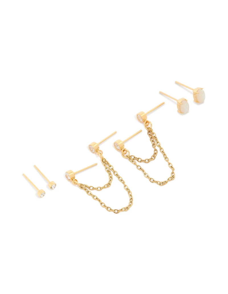 Waterproof Gold Plated Stainless Steel Opal Bezel & Chain Studs 3-Pack