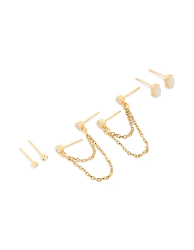 Waterproof Gold Plated Stainless Steel Opal Bezel & Chain Studs 3-Pack