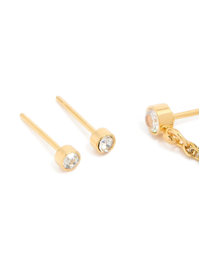 Waterproof Gold Plated Stainless Steel Opal Bezel & Chain Studs 3-Pack