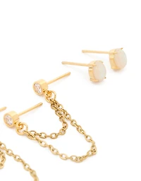 Waterproof Gold Plated Stainless Steel Opal Bezel & Chain Studs 3-Pack