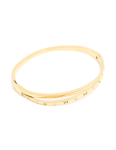 Waterproof Gold Plated Stainless Steel Diamante Roman Numeral Hinged Bangle