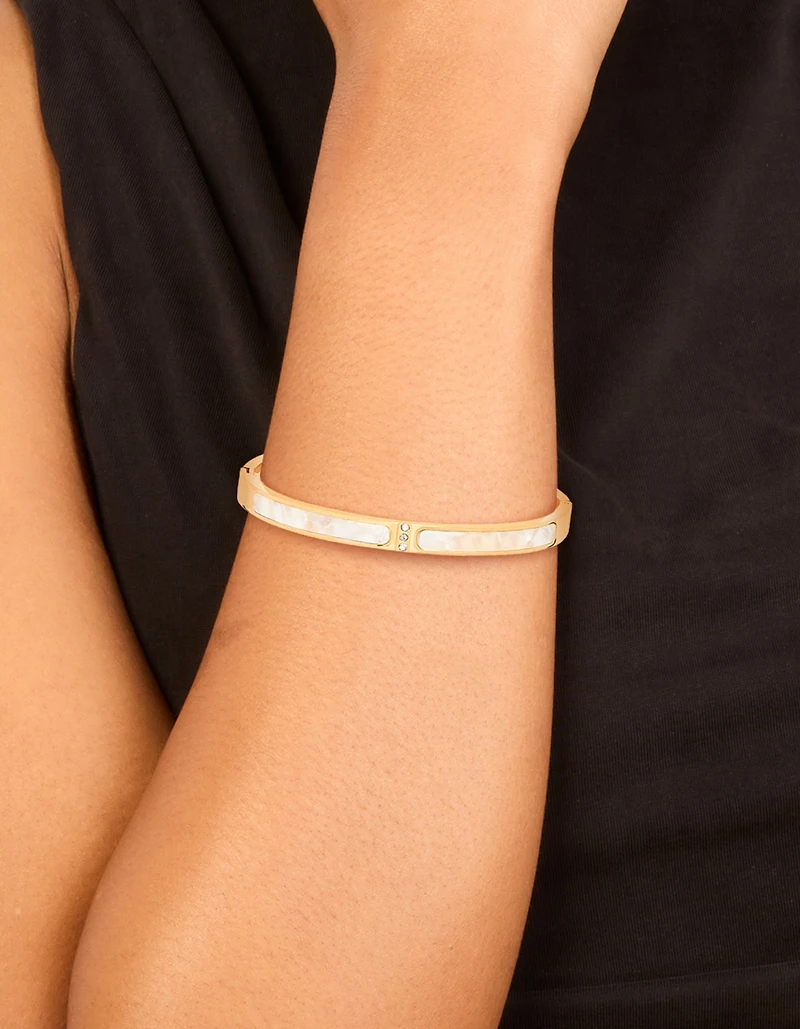 Waterproof Gold Plated Stainless Steel Pearl Inlay Hinge Bangle