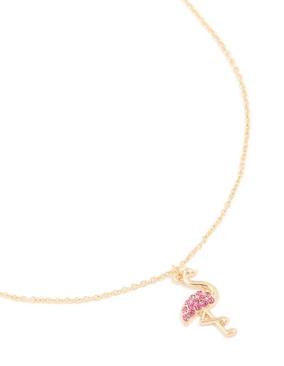 Gold Pink Diamante Flamingo Pendant Necklace