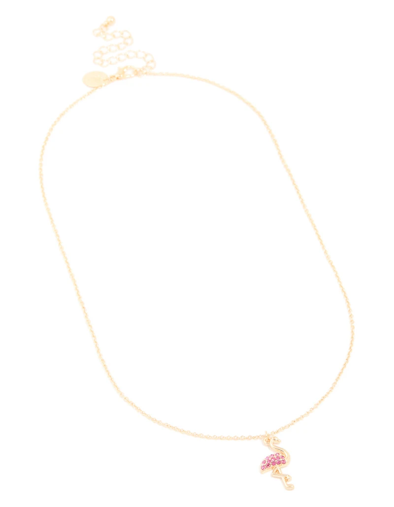 Gold Pink Diamante Flamingo Pendant Necklace