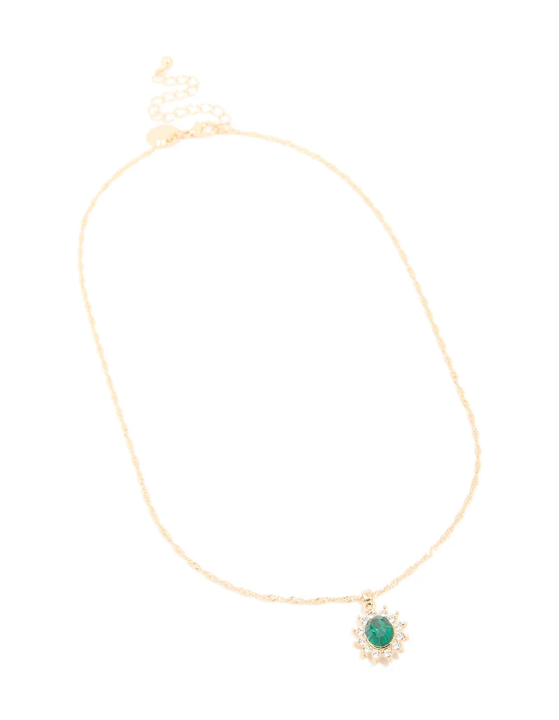 Gold Oval Green Diamante Pendant & Twisted Chain Necklace