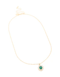 Gold Oval Green Diamante Pendant & Twisted Chain Necklace