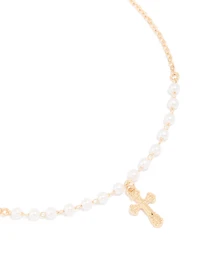 Gold Pearl Cross Pendant Necklace
