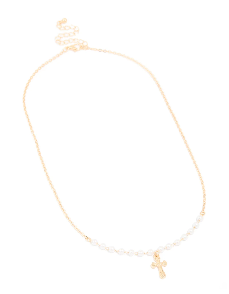 Gold Pearl Cross Pendant Necklace