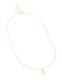 Gold Pearl Cross Pendant Necklace