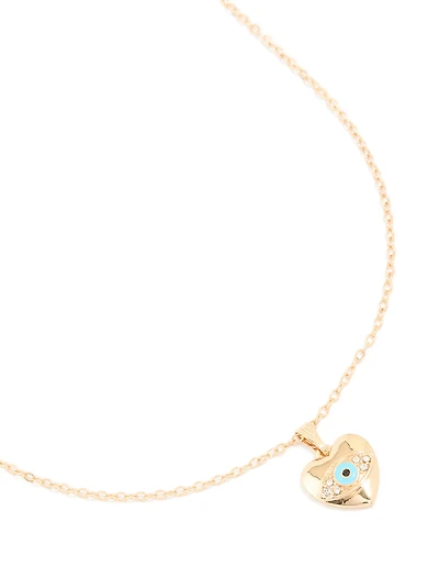 Gold Diamante Heart Evil Eye Pendant Necklace