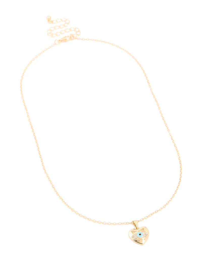Gold Diamante Heart Evil Eye Pendant Necklace