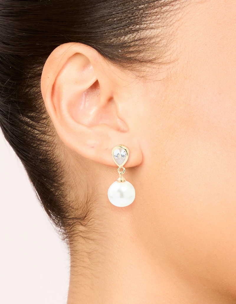 Gold Plated Cubic Zirconia & Pearl Drop Stud Earrings