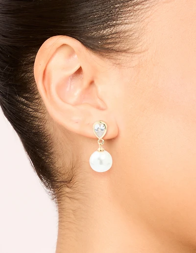 Gold Plated Cubic Zirconia & Pearl Drop Stud Earrings