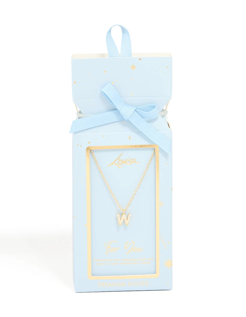 Collier cube en zircone plaqué or avec une lettre W