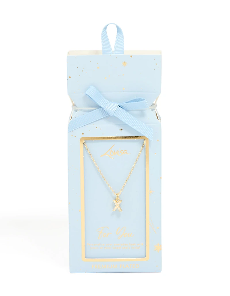 Collier pendentif cube en laiton plaqué or Lettre X en zircone