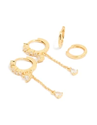 Gold Plated Brass Cubic Zirconia Chain & Smooth Huggie Earrings 2-Pack