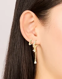 Gold Plated Brass Cubic Zirconia Chain & Smooth Huggie Earrings 2-Pack