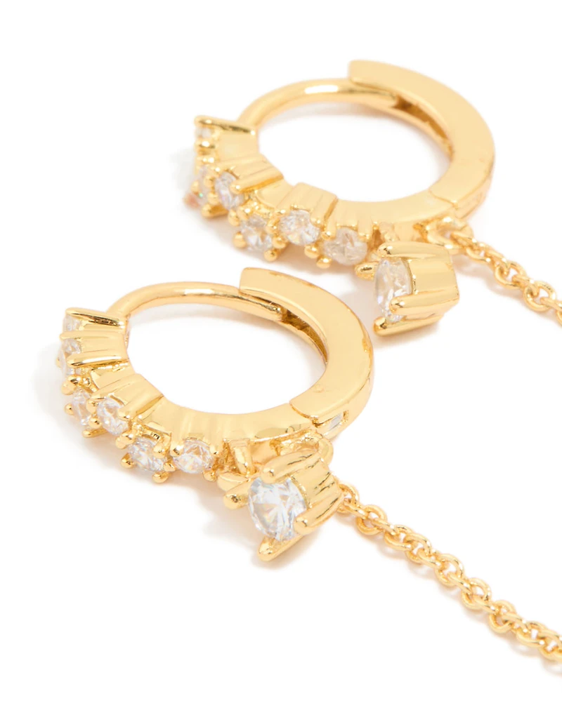 Gold Plated Brass Cubic Zirconia Chain & Smooth Huggie Earrings 2-Pack