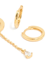 Gold Plated Brass Cubic Zirconia Chain & Smooth Huggie Earrings 2-Pack