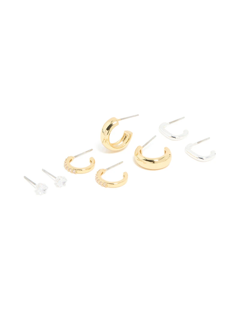 Mixed Metal Brass Cubic Zirconia Stud & Hoop Earrings 3-Pack
