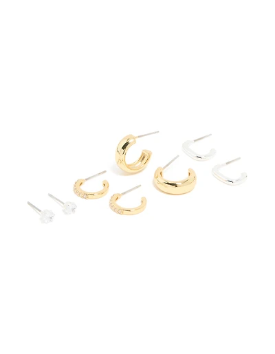Mixed Metal Brass Cubic Zirconia Stud & Hoop Earrings 3-Pack