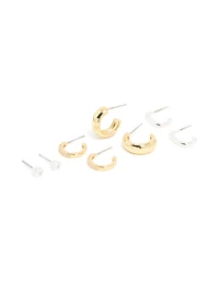 Mixed Metal Brass Cubic Zirconia Stud & Hoop Earrings 3-Pack
