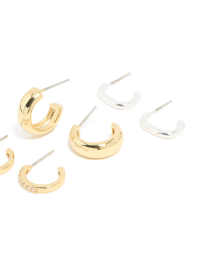 Mixed Metal Brass Cubic Zirconia Stud & Hoop Earrings 3-Pack