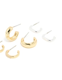 Mixed Metal Brass Cubic Zirconia Stud & Hoop Earrings 3-Pack