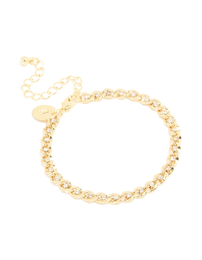 Gold Plated Brass Cubic Zirconia Diamante Chain Bracelet
