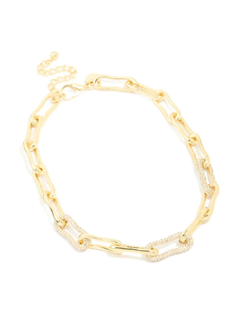 Gold Plated Diamante Wavy Chain Link Necklace