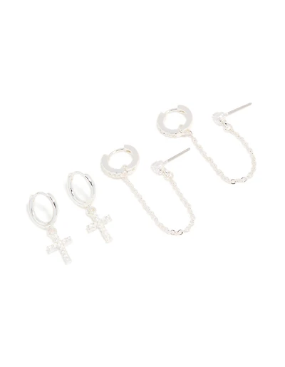 Silver Cubic Zirconia Cross & Chain Earrings 2-Pack